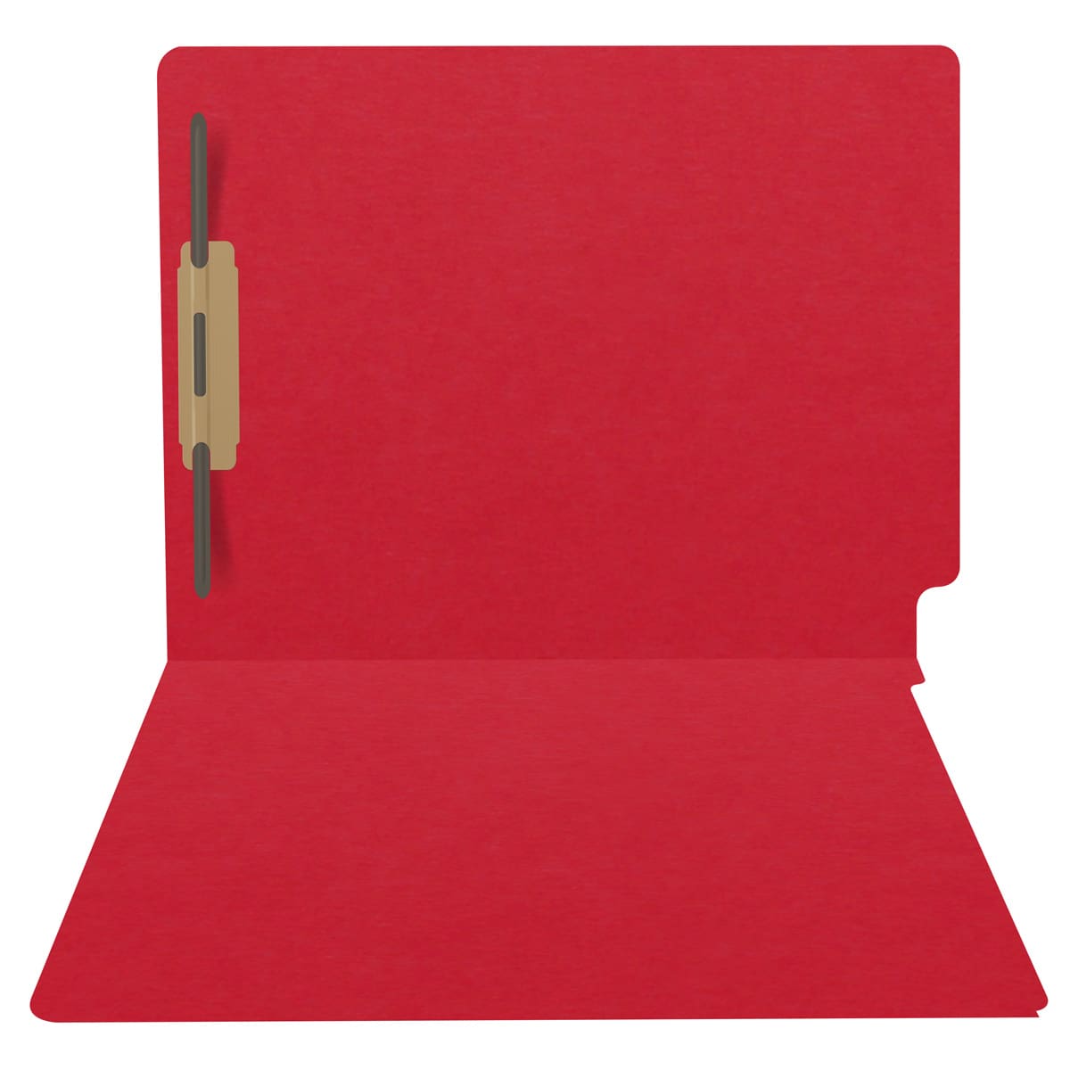 Red letter size end tab folder with 2" bonded fasteners on inside back. 20 pt red stock. Packaged 40/200