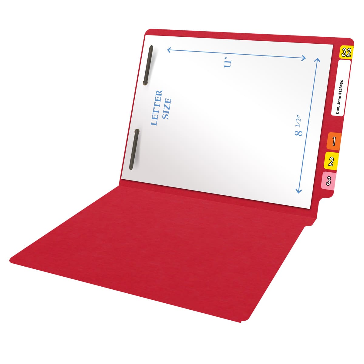 Red letter size end tab folder with 2" bonded fasteners on inside back. 20 pt red stock, 40/Box