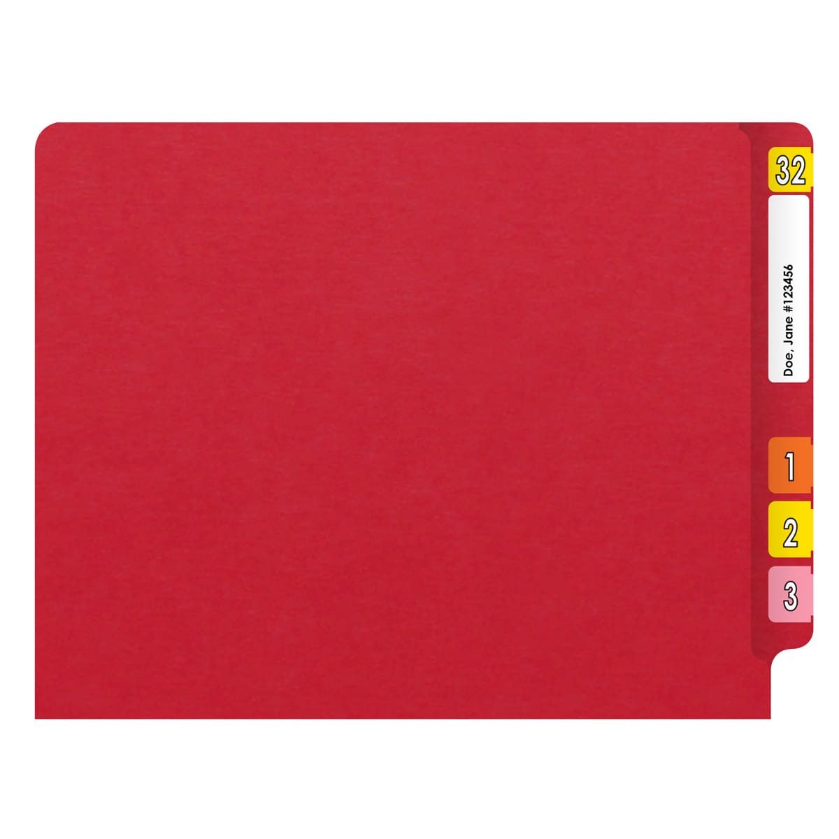 Red letter size end tab folder with 2" bonded fasteners on inside back. 20 pt red stock. Packaged 40/200