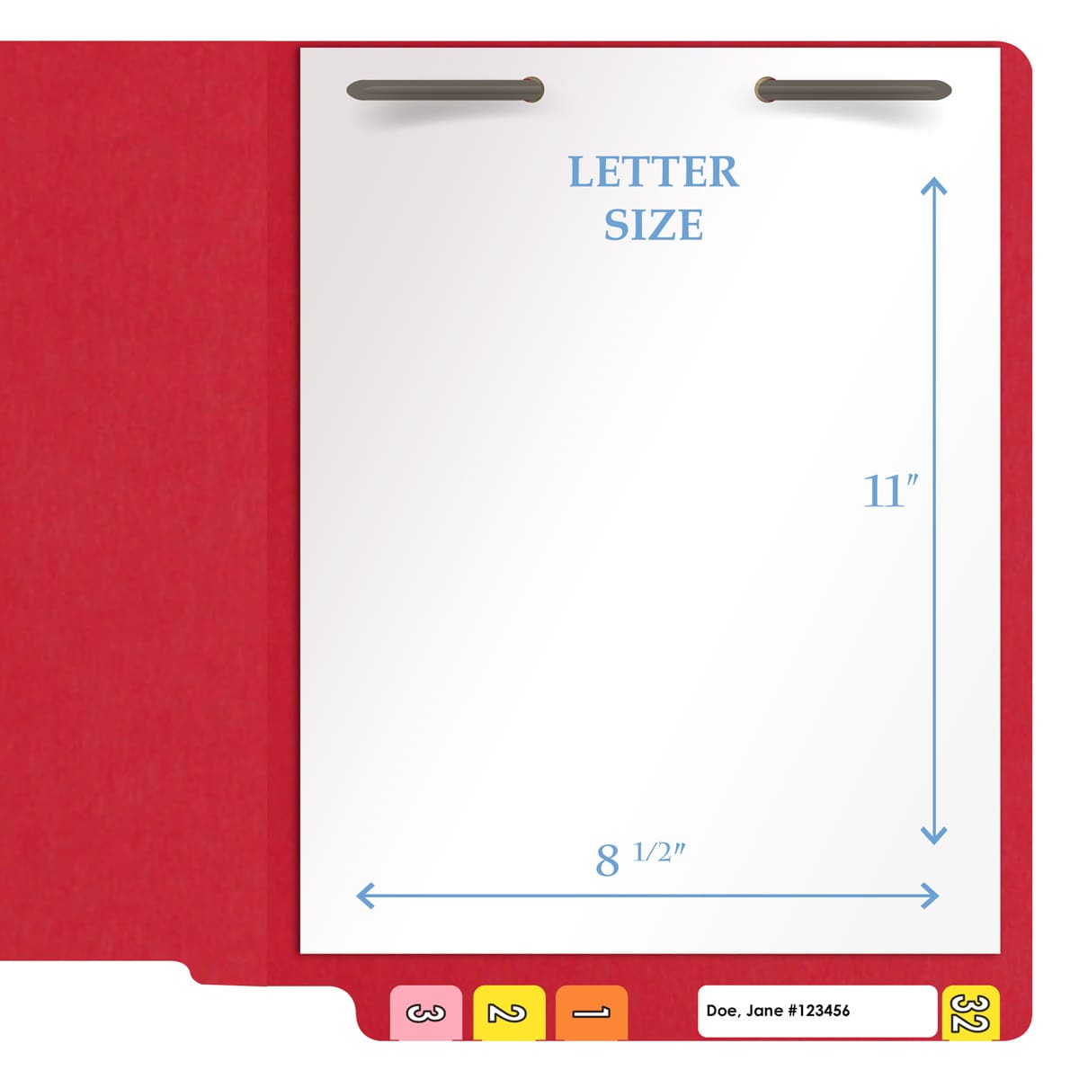 Red letter size end tab folder with 2" bonded fasteners on inside back. 20 pt red stock. Packaged 40/200