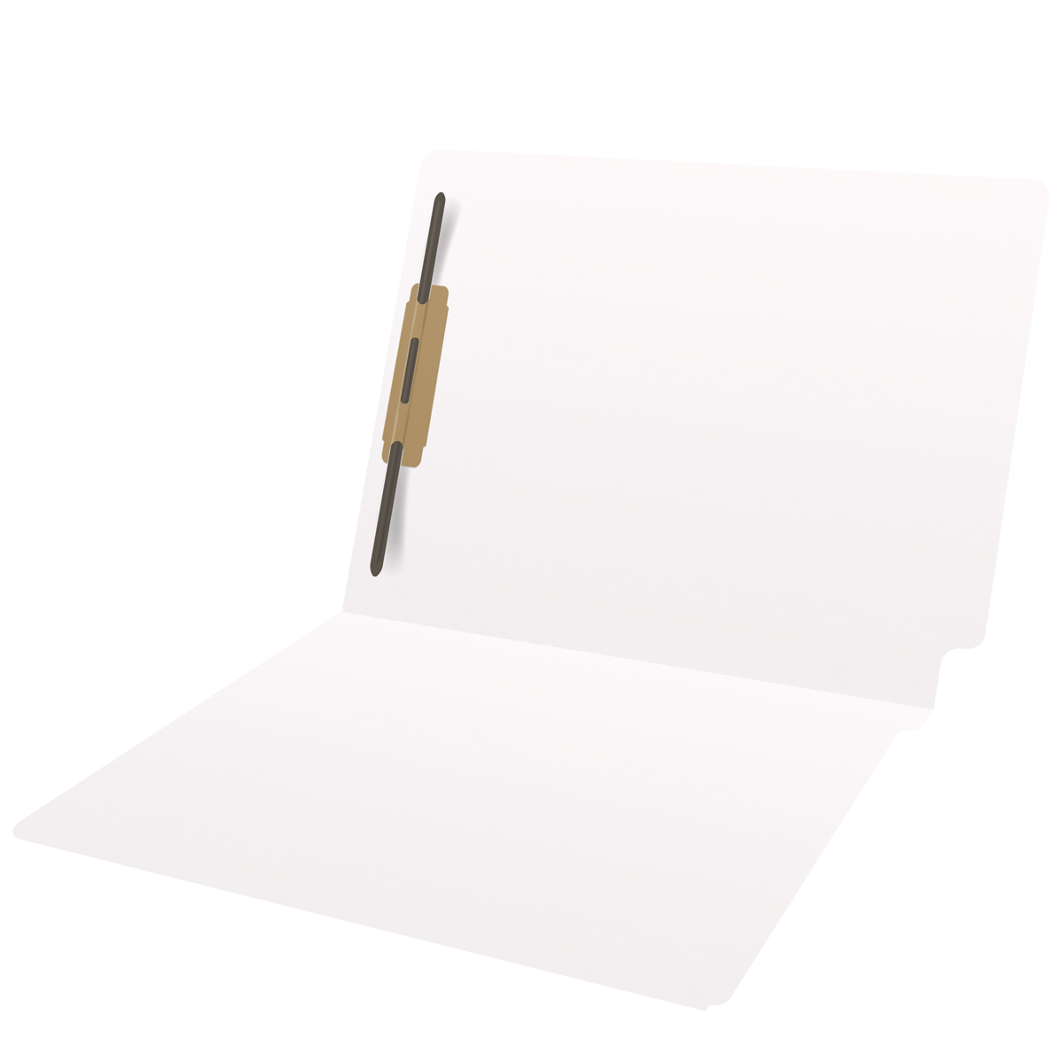 White letter size end tab folder with 2" bonded fasteners on inside back. 20 pt white stock, 40/Box