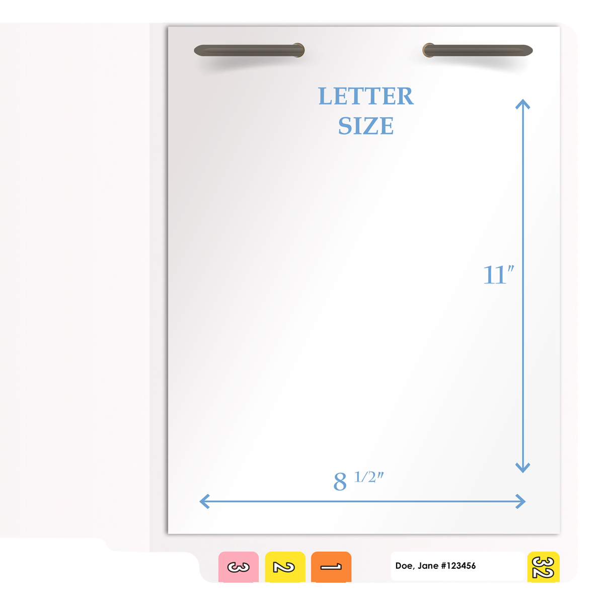 White letter size end tab folder with 2" bonded fasteners on inside back. 20 pt white stock. Packaged 40/200.