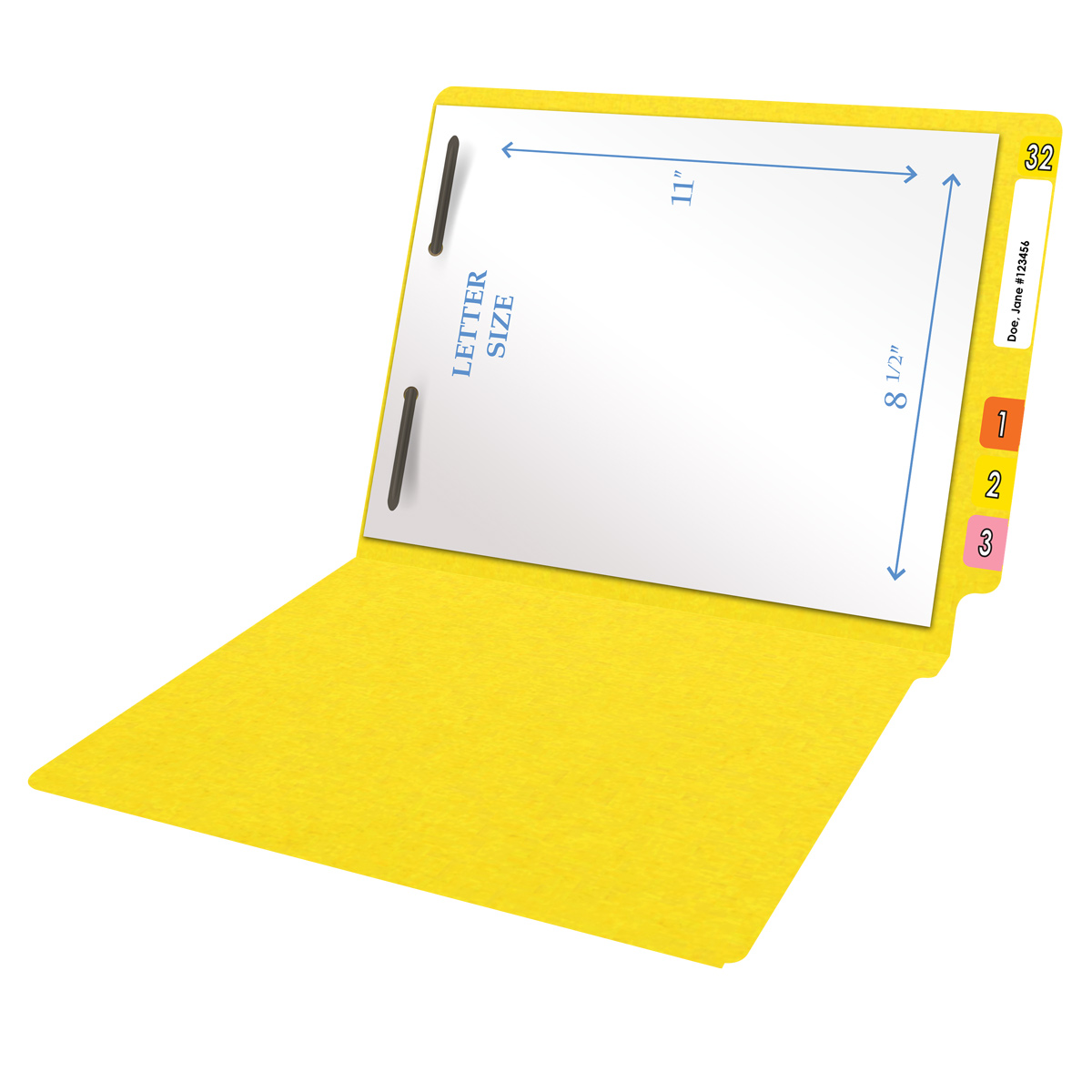 Yellow letter size end tab folder with 2" bonded fasteners on inside back. 20 pt yellow stock. Packaged 40/200.