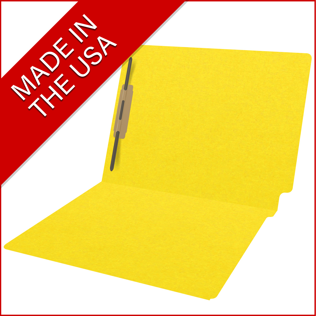 Yellow letter size end tab folder with 2" bonded fasteners on inside back. 20 pt yellow stock. Packaged 40/200.