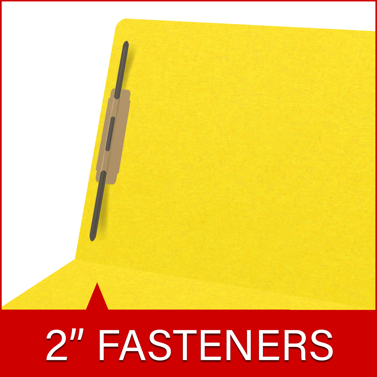 Yellow letter size end tab folder with 2" bonded fasteners on inside back. 20 pt yellow stock. Packaged 40/200.