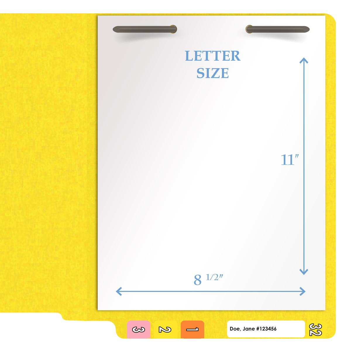 Yellow letter size end tab folder with 2" bonded fasteners on inside back. 20 pt yellow stock. Packaged 40/200.