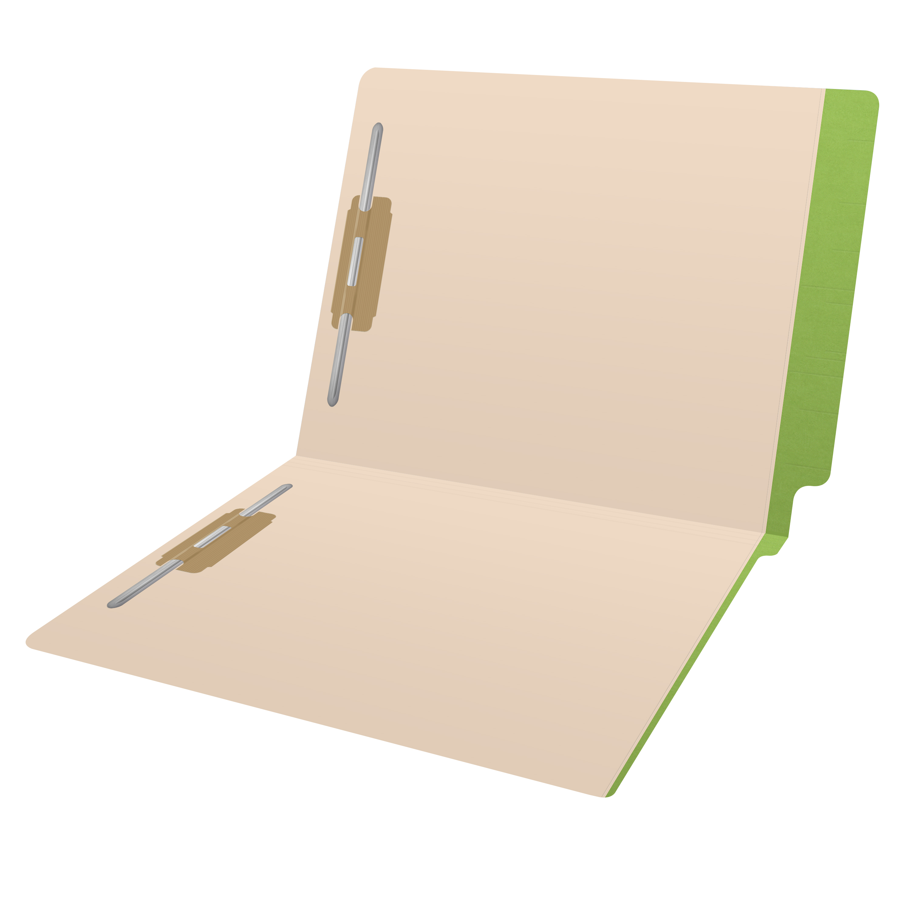 Manila letter size reinforced end tab folder with printed green border and 2" bonded fasteners on inside front and inside back. 11 pt manila stock. Packaged 50/250.