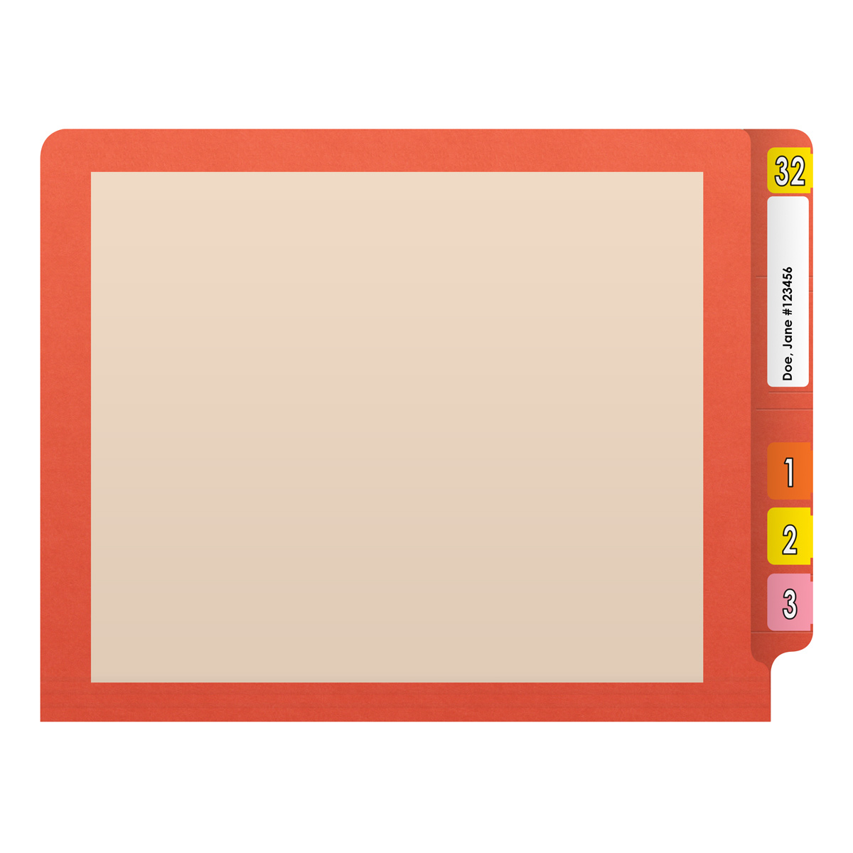 Manila letter size reinforced end tab folder with printed orange border and 2" bonded fasteners on inside front and inside back. 11 pt manila stock. Packaged 50/250.