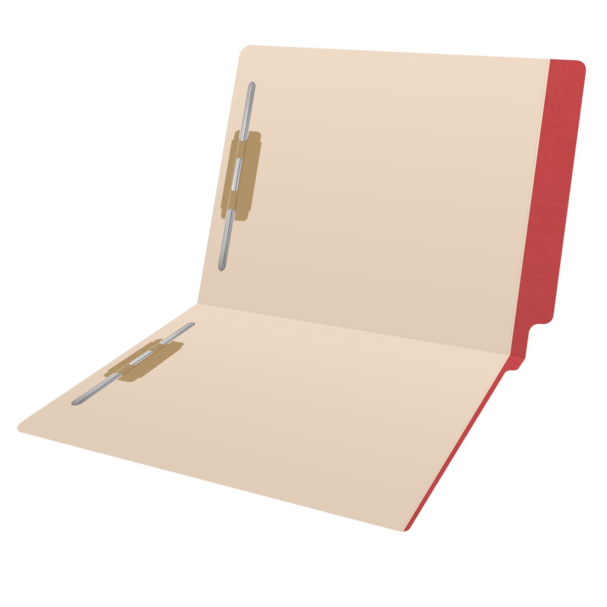 Manila letter size reinforced end tab folder with printed red border and 2" bonded fasteners on inside front and inside back. 11 pt manila stock. Packaged 50/250