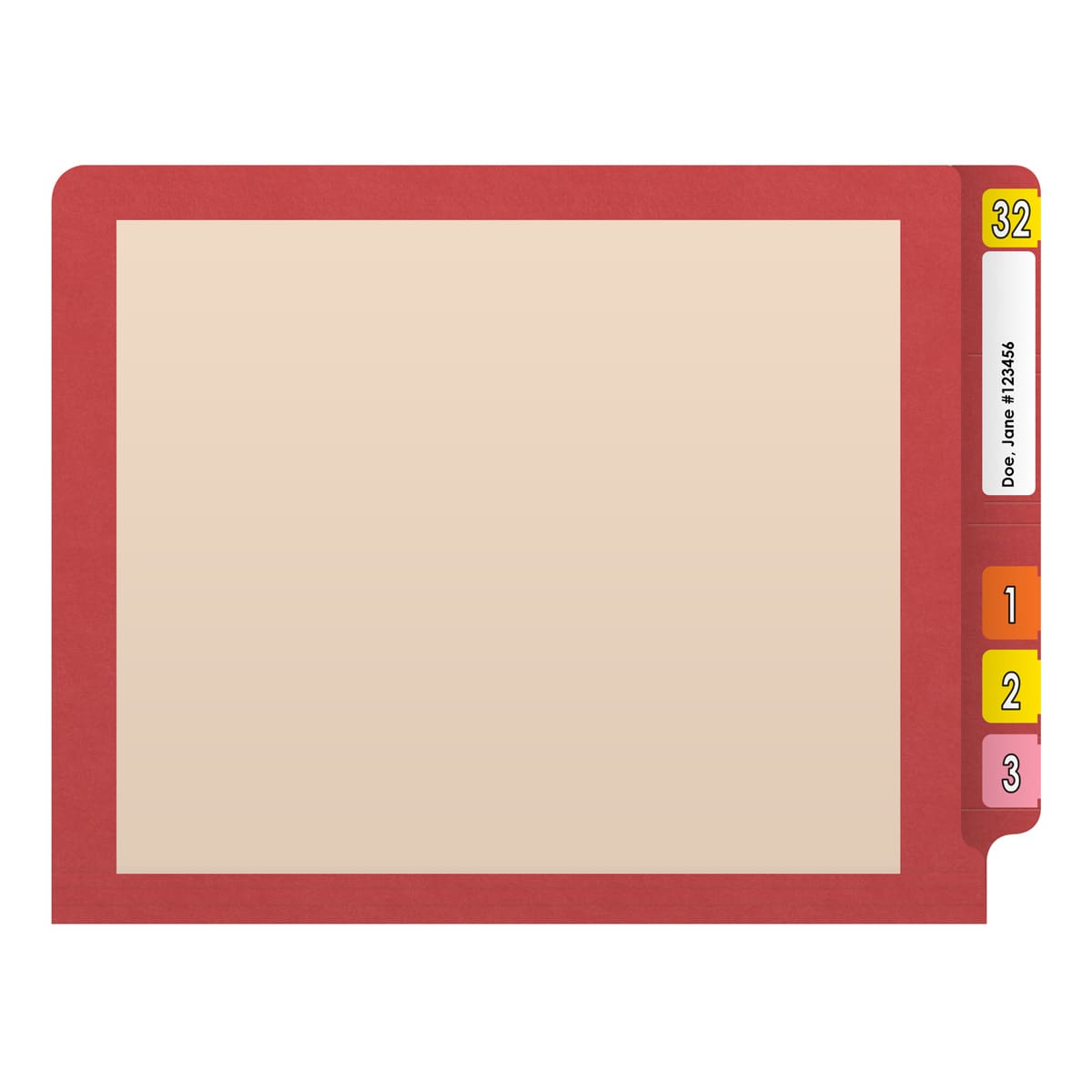 Manila letter size reinforced end tab folder with printed red border and 2" bonded fasteners on inside front and inside back. 11 pt manila stock, 50/Box