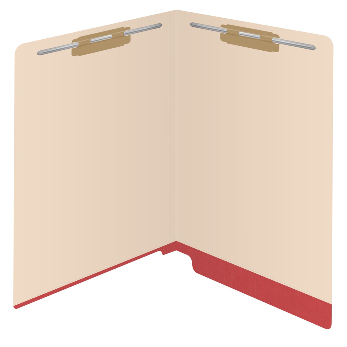 Manila letter size reinforced end tab folder with printed red border and 2" bonded fasteners on inside front and inside back. 11 pt manila stock. Packaged 50/250