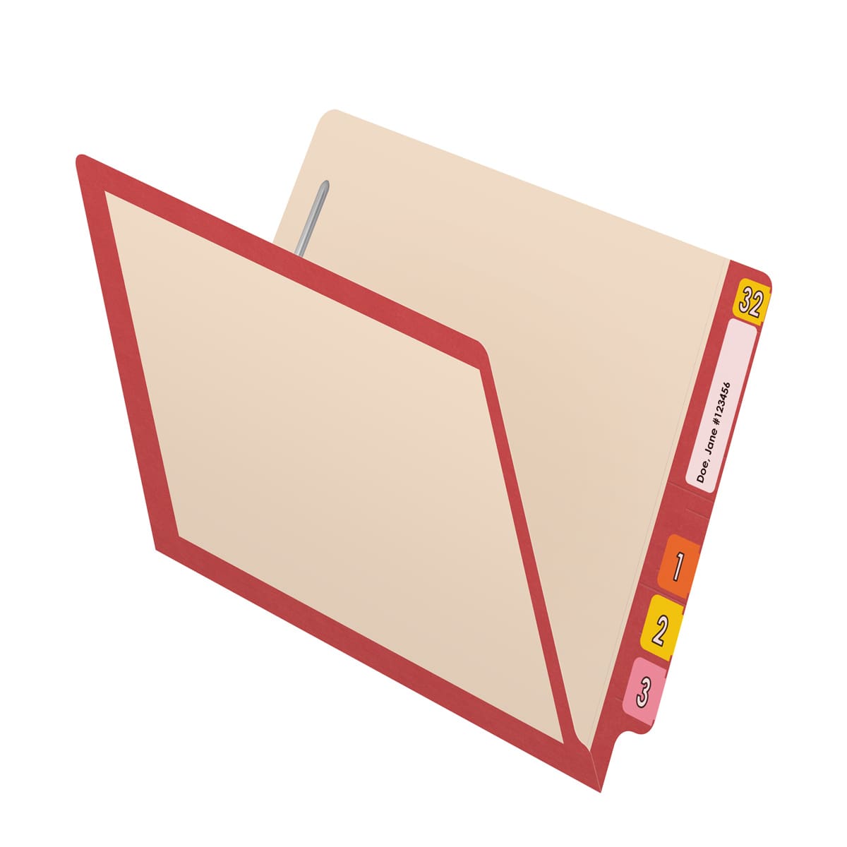 Manila letter size reinforced end tab folder with printed red border and 2" bonded fasteners on inside front and inside back. 11 pt manila stock. Packaged 50/250