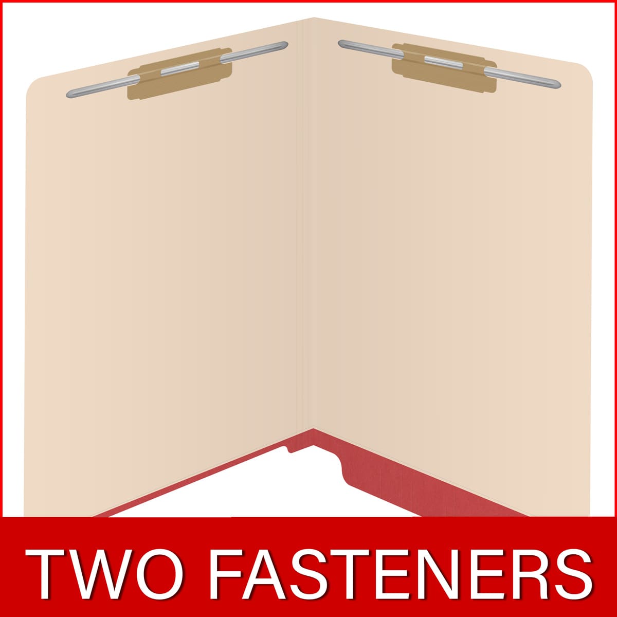 Manila letter size reinforced end tab folder with printed red border and 2" bonded fasteners on inside front and inside back. 11 pt manila stock, 50/Box