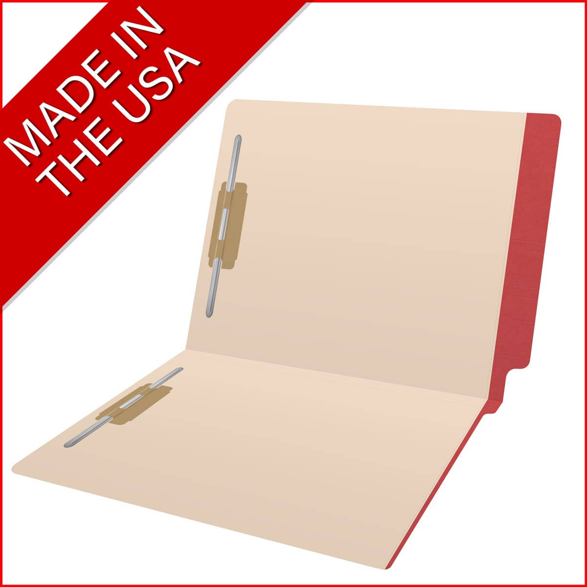 Manila letter size reinforced end tab folder with printed red border and 2" bonded fasteners on inside front and inside back. 11 pt manila stock. Packaged 50/250