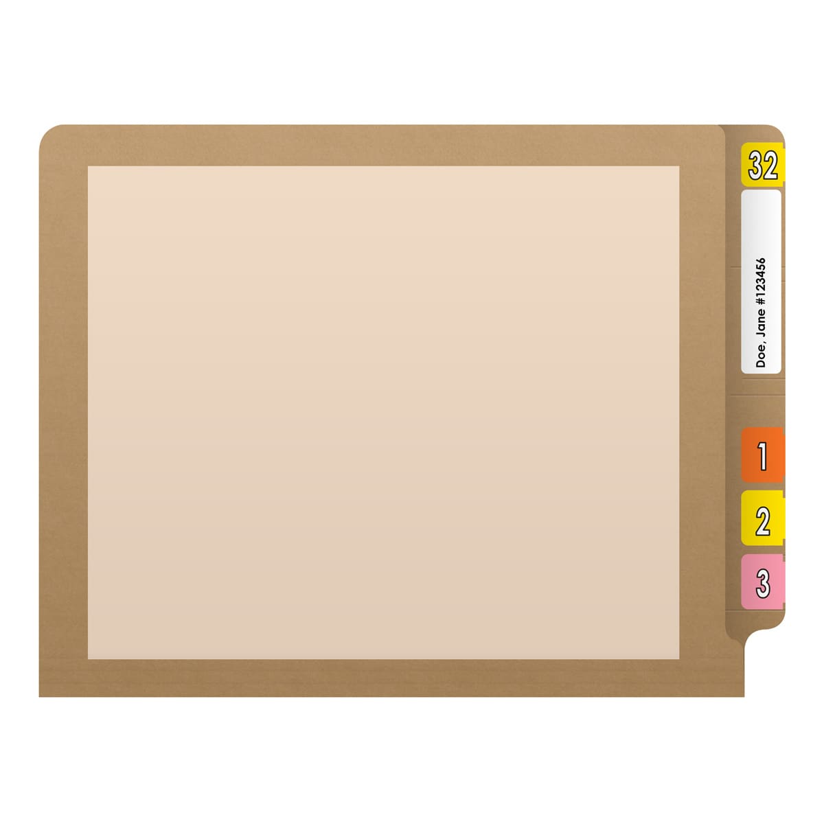 Manila letter size reinforced end tab folder with printed tan border and 2" bonded fasteners on inside front and inside back. 11 pt manila stock. Packaged 50/250