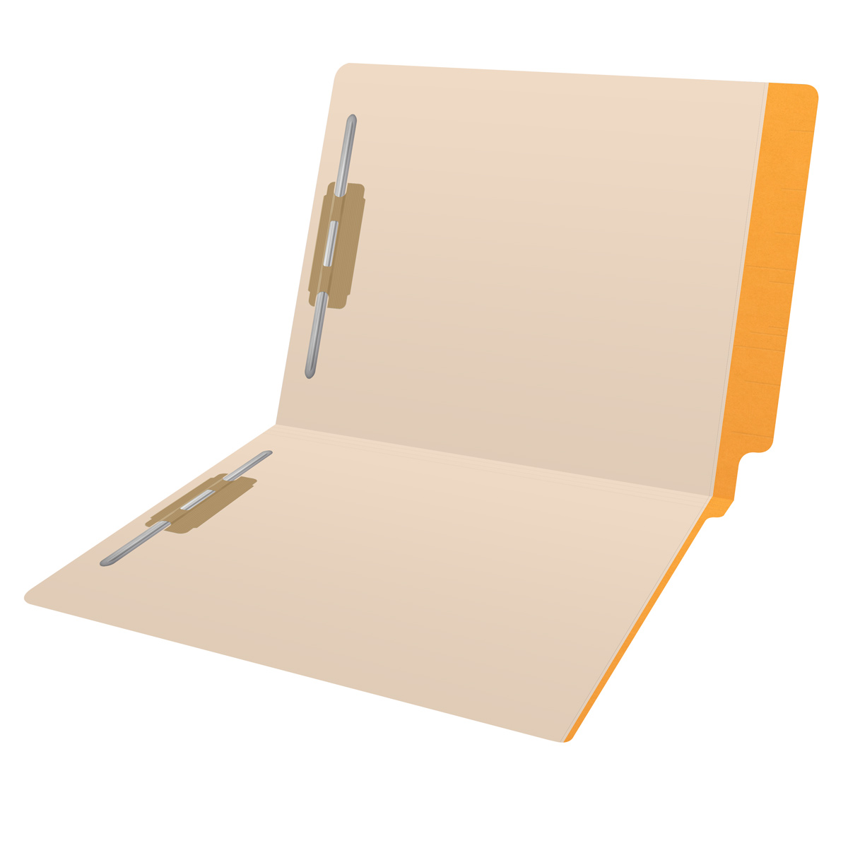 Manila letter size reinforced end tab folder with printed yellow border and 2" bonded fasteners on inside front and inside back. 11 pt manila stock. Packaged 50/250.