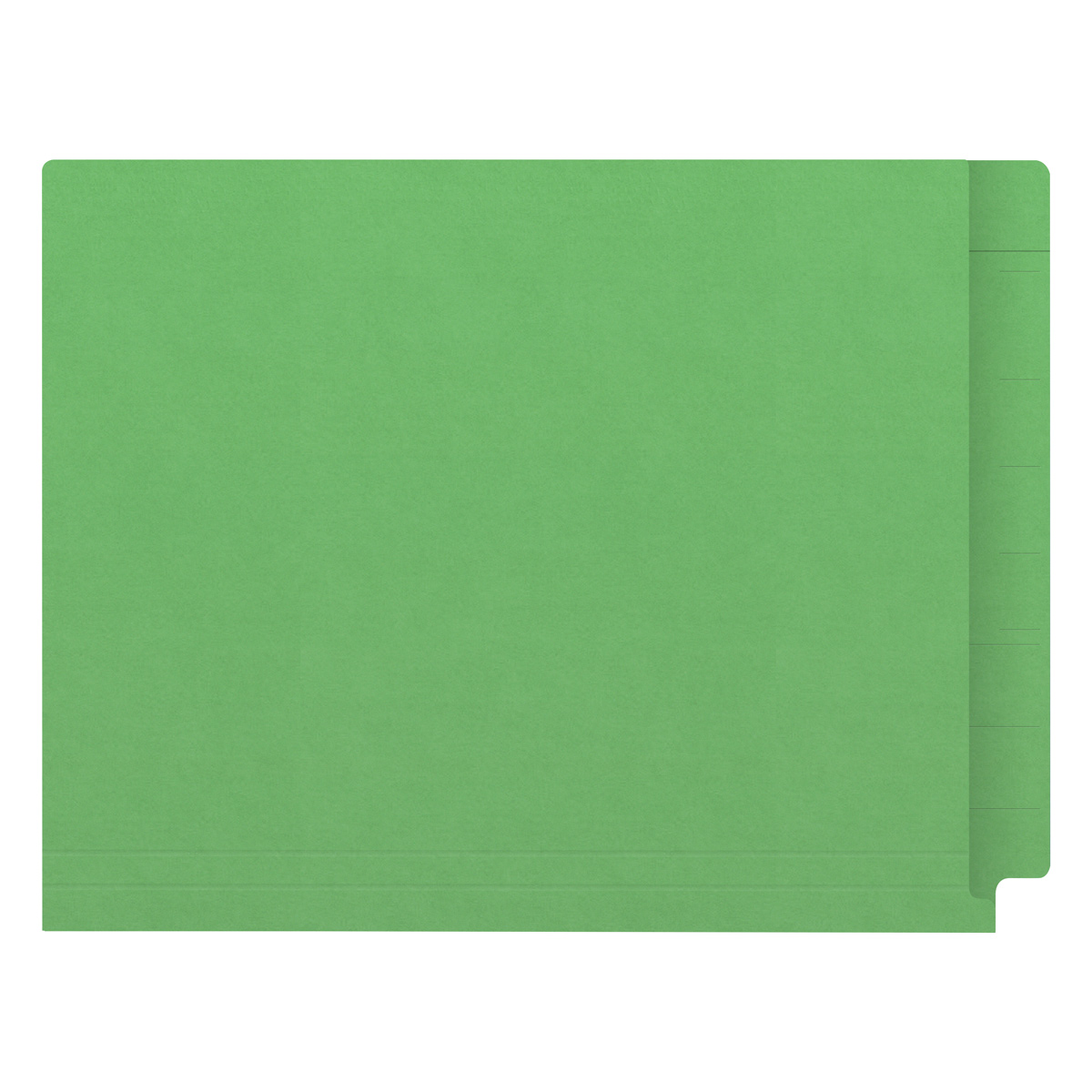 Green Kardex match letter size reinforced top and end tab folder with tic marks printed on end tab. 11 pt green stock. Packaged 100/500.