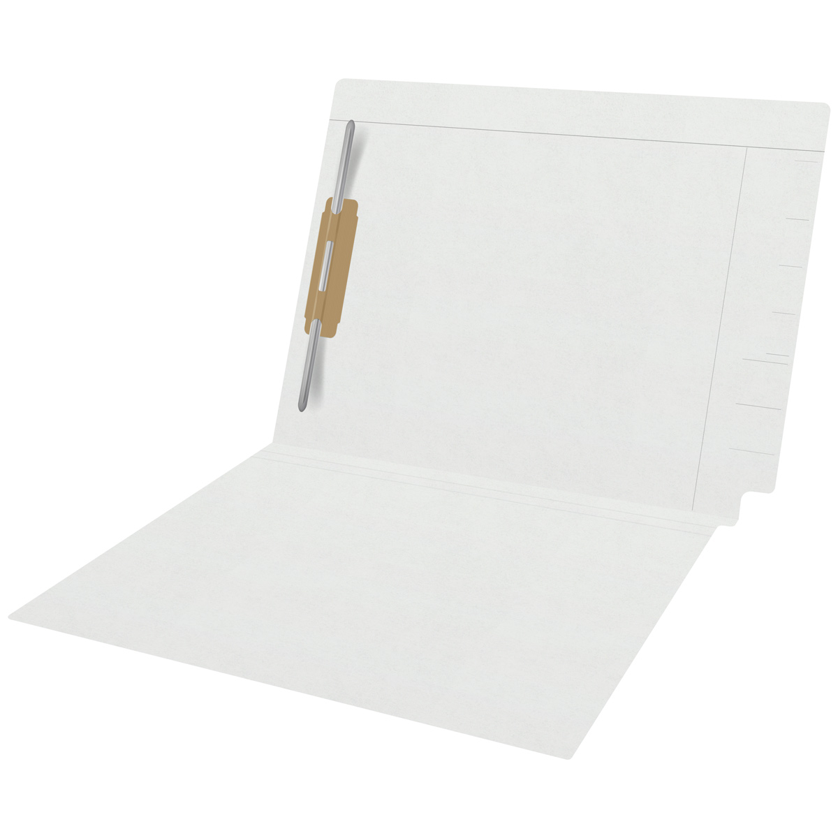 White Kardex match letter size reinforced top and end tab folder with tic marks printed on end tab and 2" bonded fastener on inside back. 11 pt white stock, 50/Box