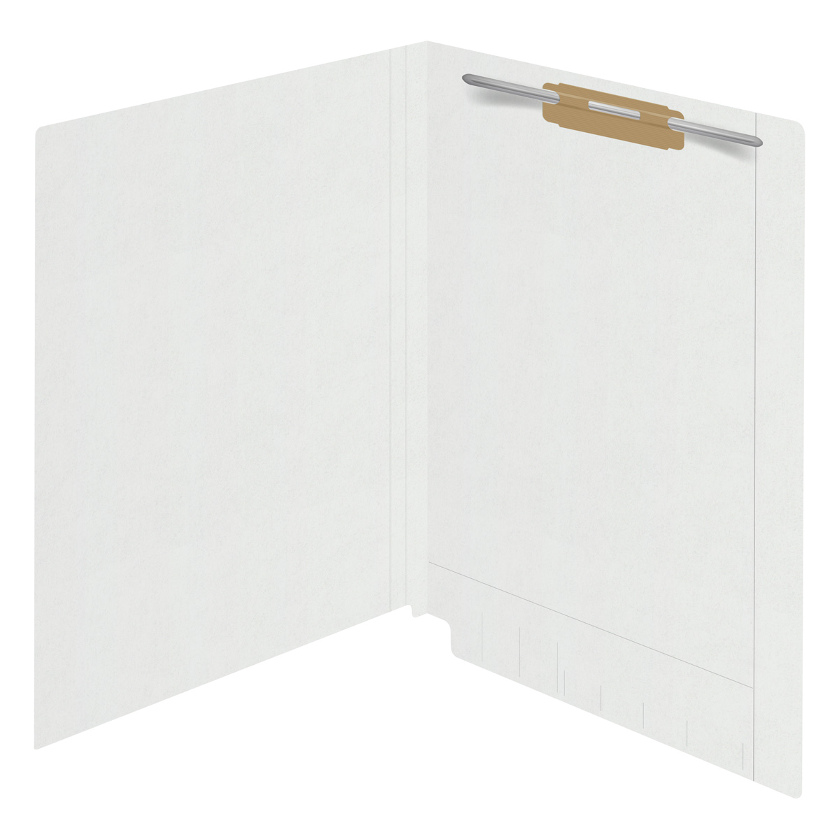 White Kardex match letter size reinforced top and end tab folder with tic marks printed on end tab and 2" bonded fastener on inside back. 11 pt white stock. Packaged 50/250.