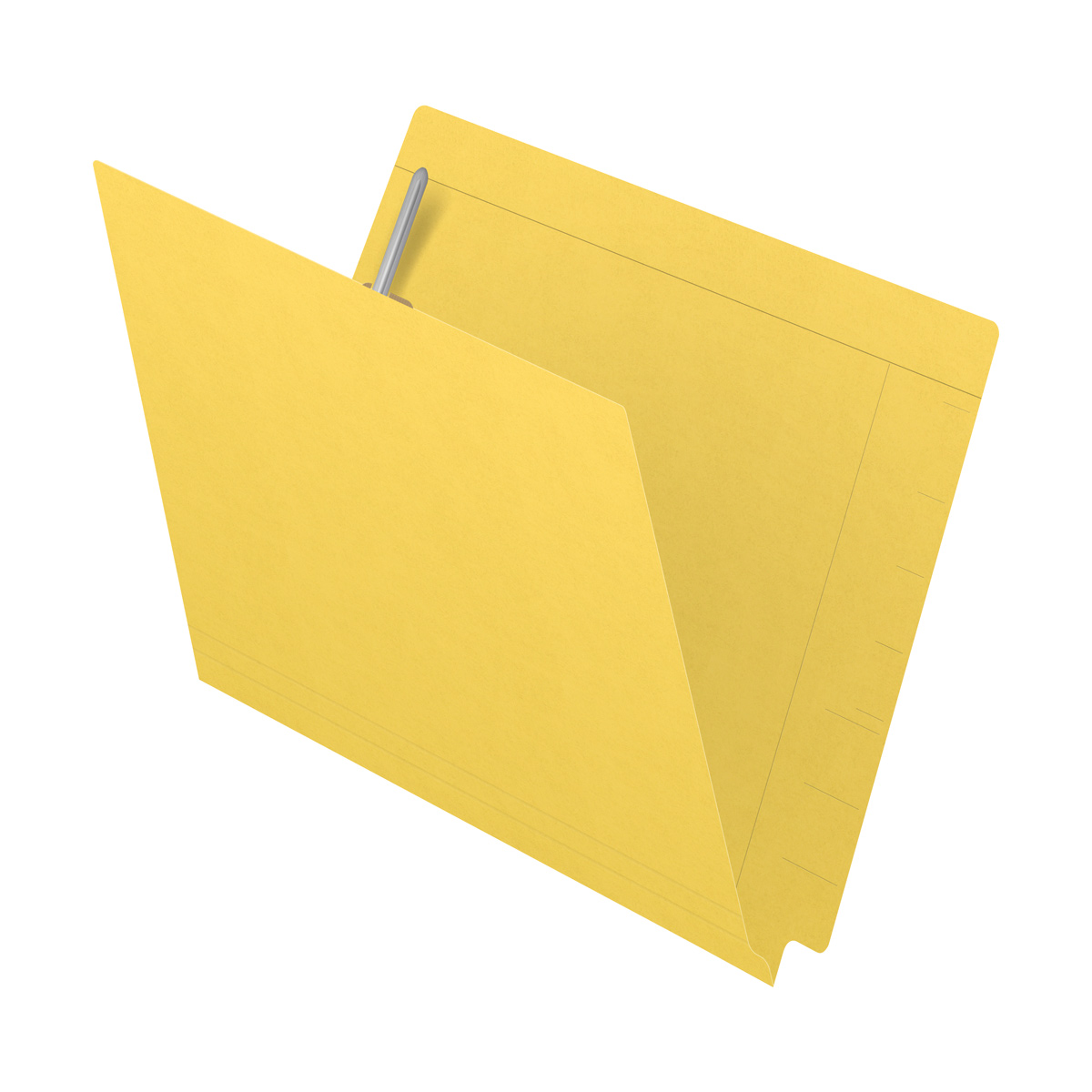 Yellow Kardex match letter size reinforced top and end tab folder with tic marks printed on end tab and 2" bonded fastener on inside back. 11 pt yellow stock. Packaged 50/250.