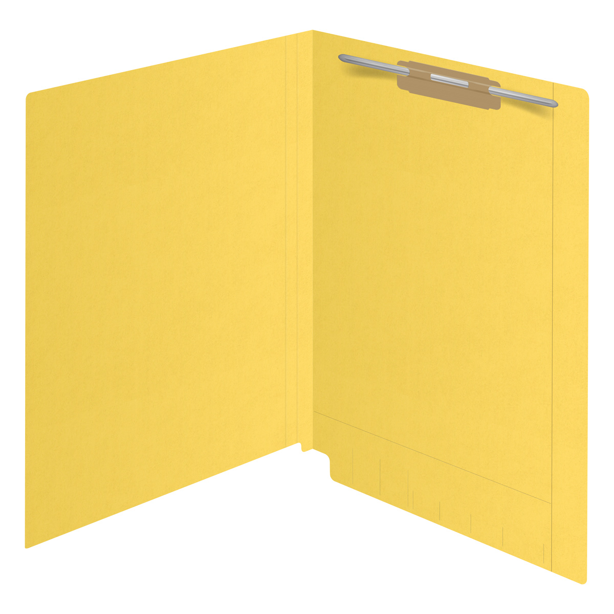 Yellow Kardex match letter size reinforced top and end tab folder with tic marks printed on end tab and 2" bonded fastener on inside back. 11 pt yellow stock. Packaged 50/250.