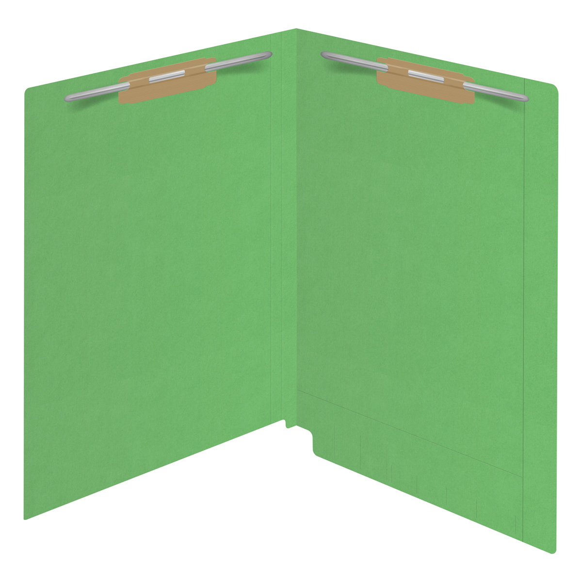 Green Kardex match letter size reinforced top and end tab folder with tic marks printed on end tab and 2" bonded fastener on inside front and back. 11 pt green stock. Packaged 50/250.