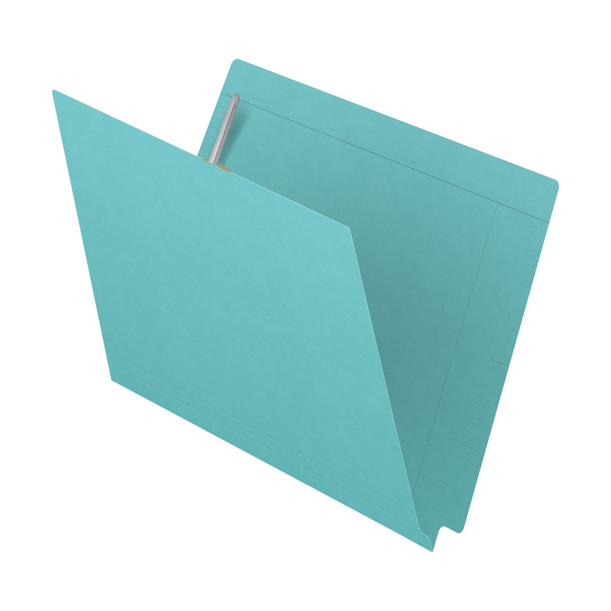 Light blue Kardex match letter size reinforced top and end tab folder with tic marks printed on end tab and 2" bonded fastener on inside front and back. 11 pt light blue stock, 50/Box