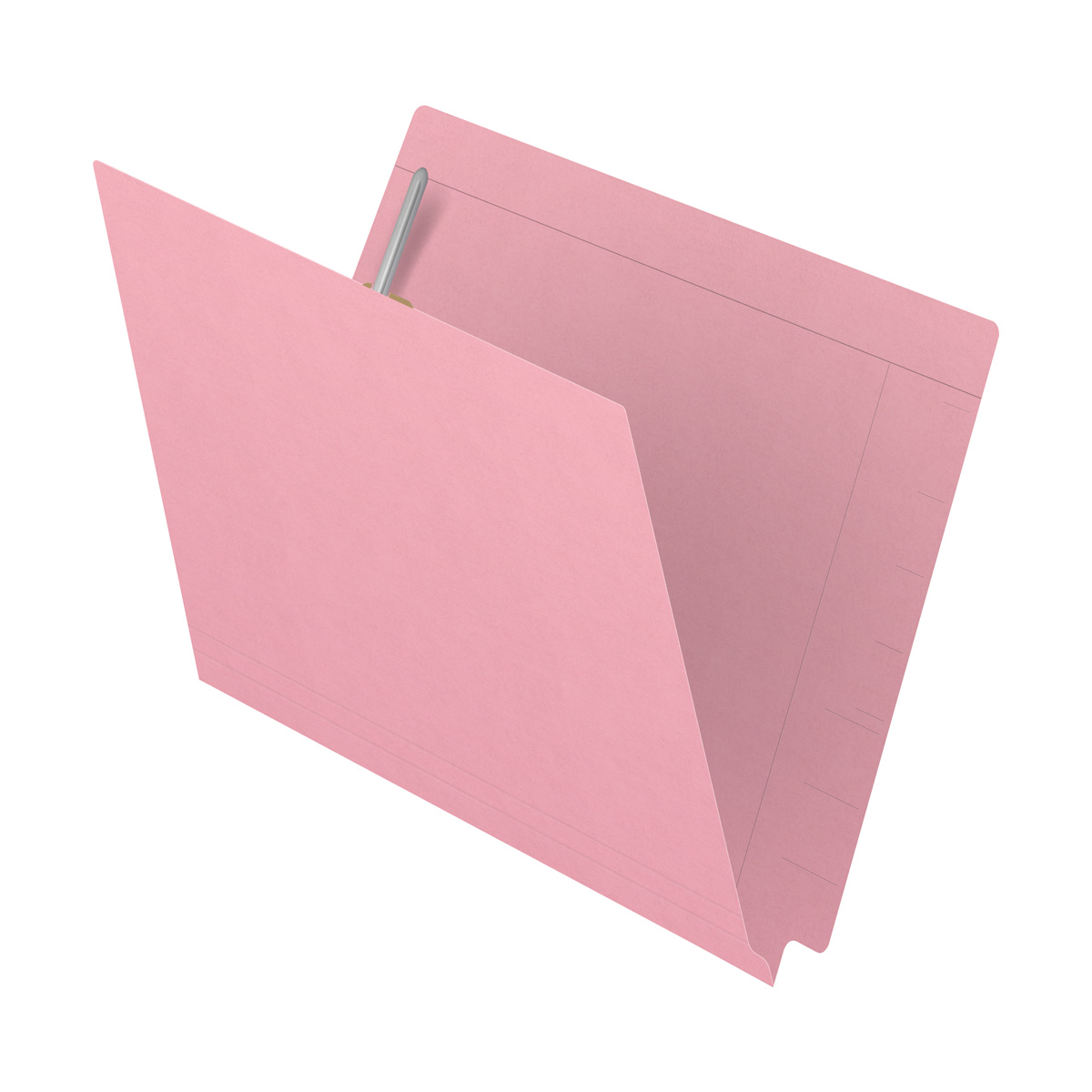 Pink Kardex match letter size reinforced top and end tab folder with tic marks printed on end tab and 2" bonded fastener on inside front and back. 11 pt pink stock. Packaged 50/250.