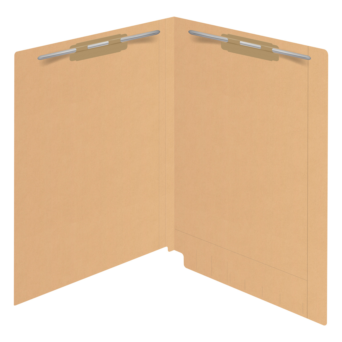 Tan Kardex match letter size reinforced top and end tab folder with tic marks printed on end tab and 2" bonded fastener on inside front and back. 11 pt tan stock. Packaged 50/250.
