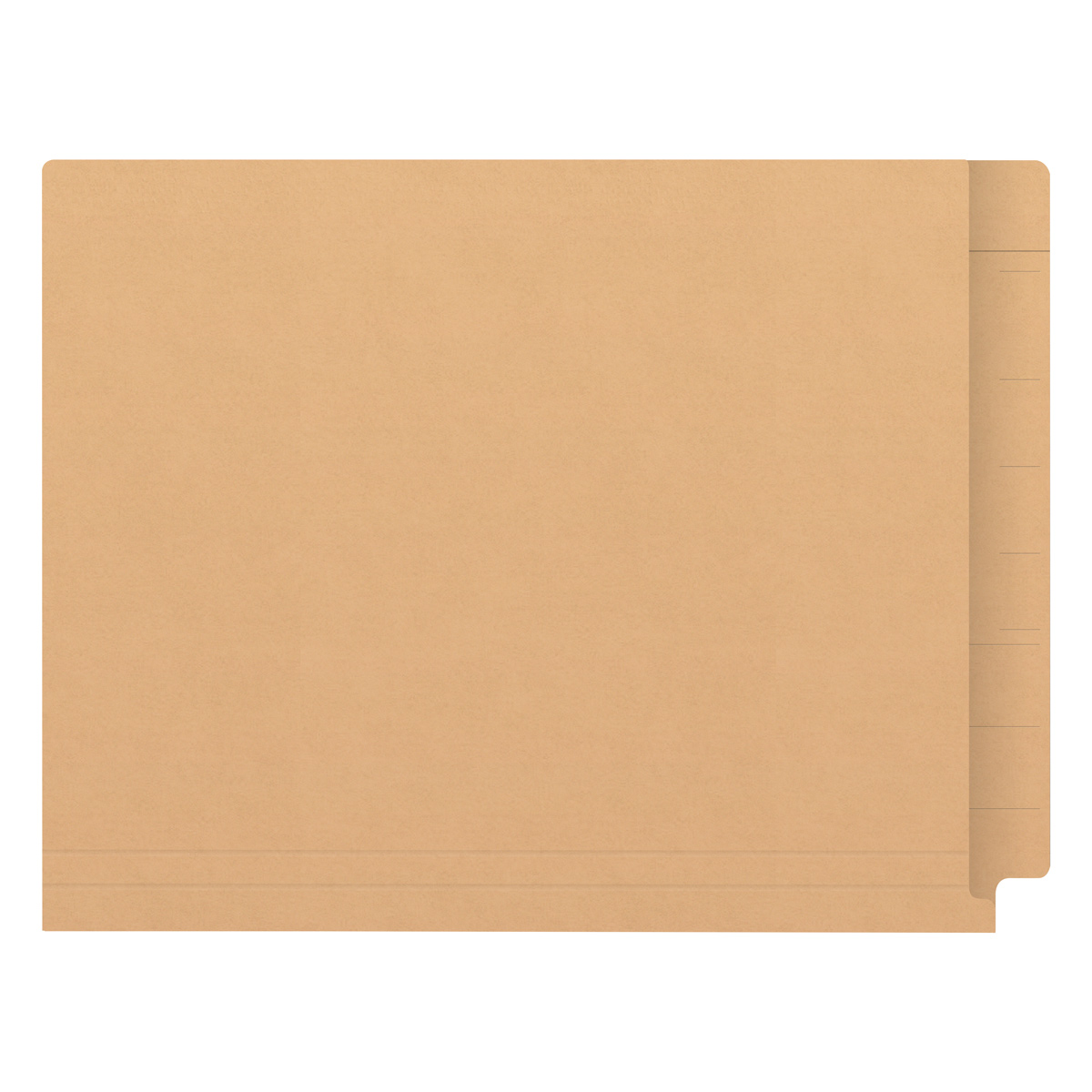 Tan Kardex match letter size reinforced top and end tab folder with tic marks printed on end tab and 2" bonded fastener on inside front and back. 11 pt tan stock. Packaged 50/250.