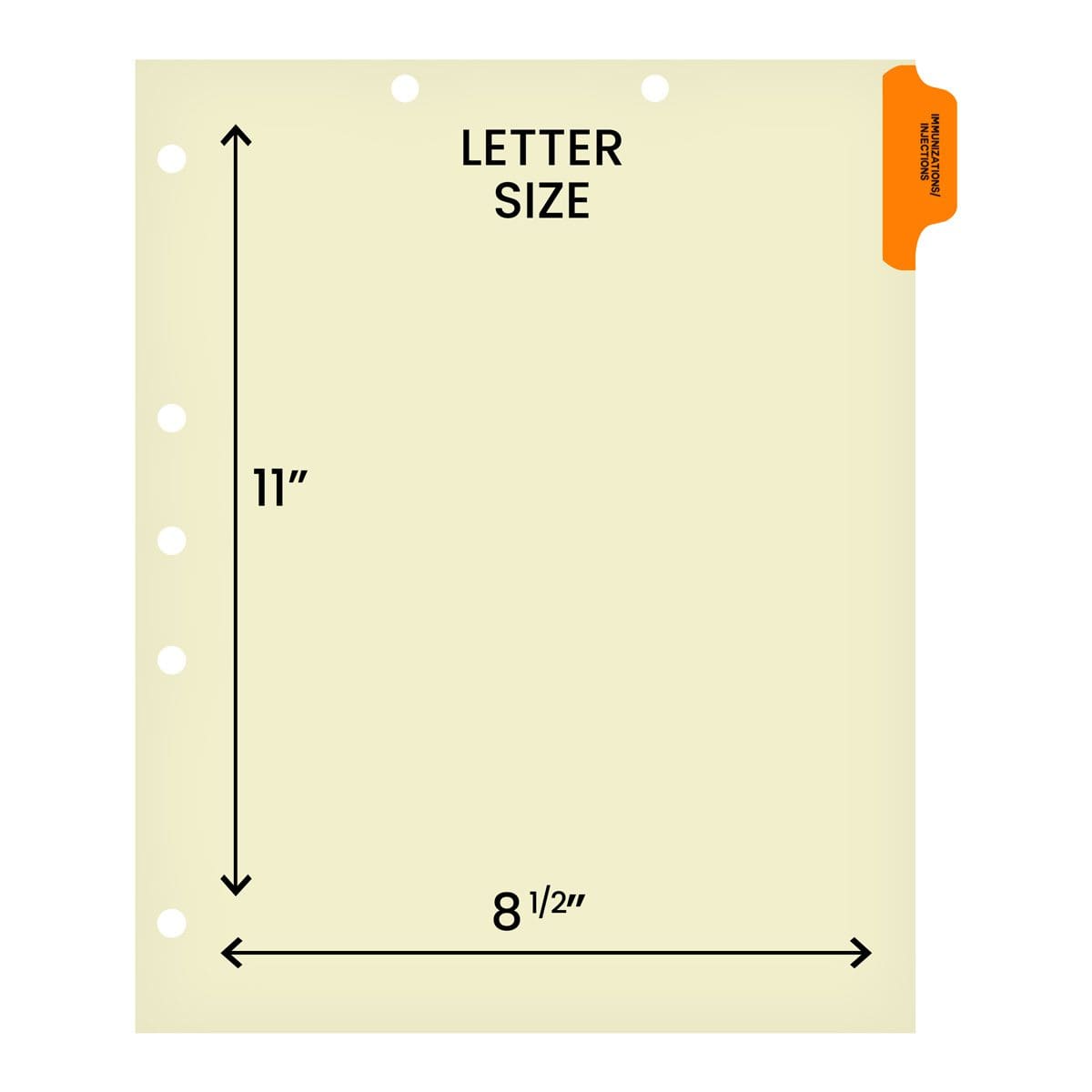 Ivory letter size side tab index divider with position 1 tab printed IMMUNIZATIONS/INJECTIONS and mylared in orange. 125# manila stock. Packaged 100.