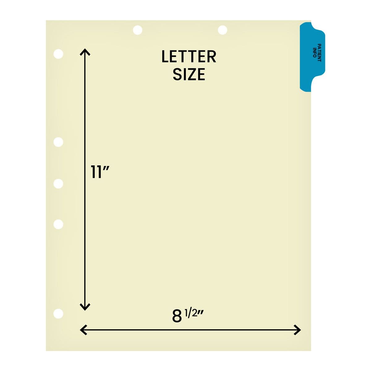Ivory letter size side tab index divider with position 1 tab printed PATIENT INFO and mylared in medium blue. 125# manila stock, 100/Box