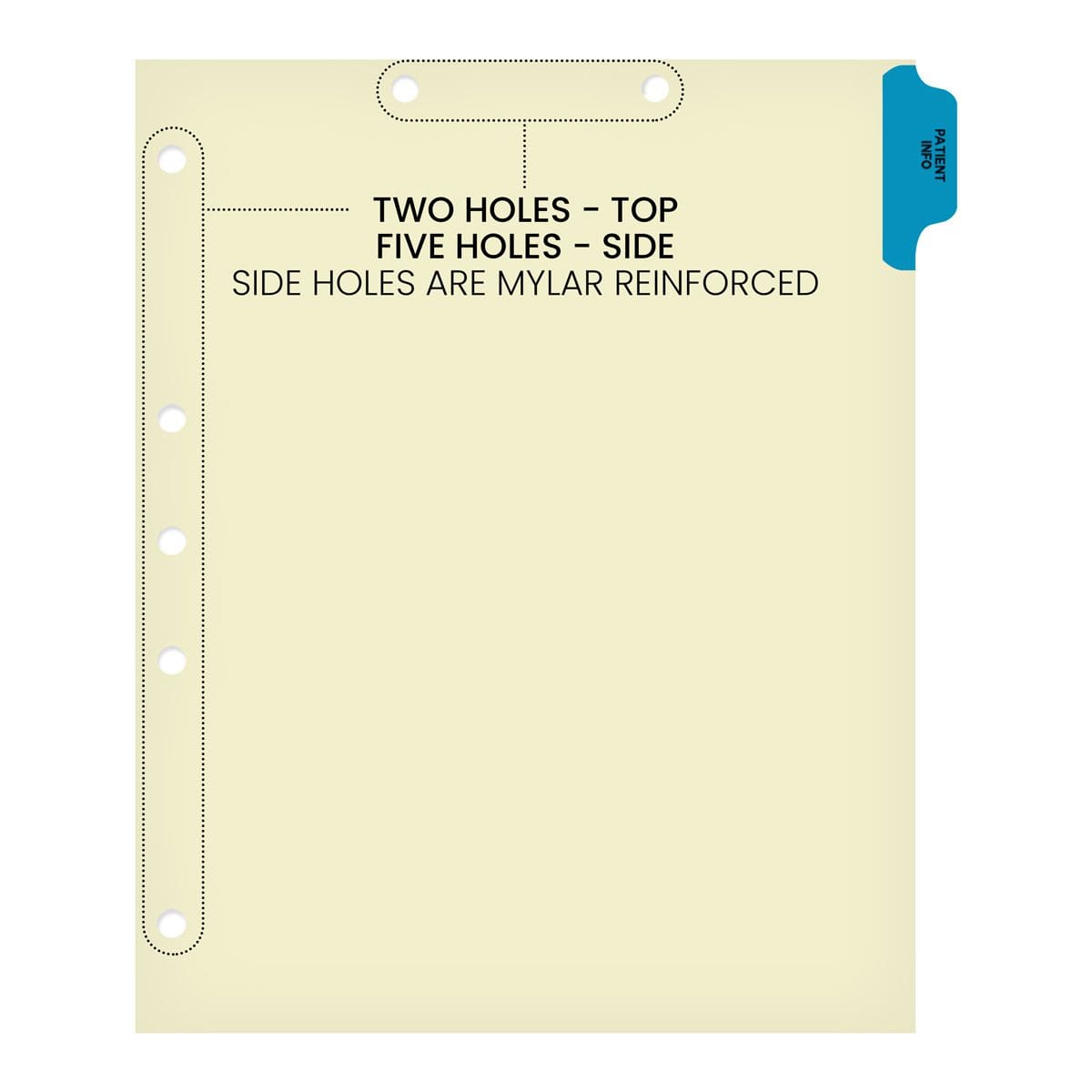 Ivory letter size side tab index divider with position 1 tab printed PATIENT INFO and mylared in medium blue. 125# manila stock. Packaged 100.