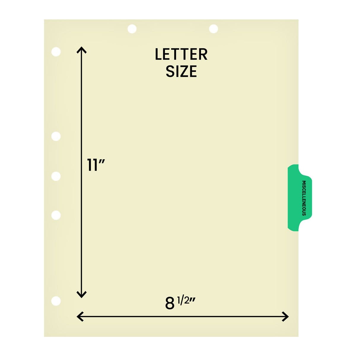 Ivory letter size side tab index divider with position 4 tab printed MISCELLANEOUS and mylared in light green. 125# manila stock. Packaged 100.