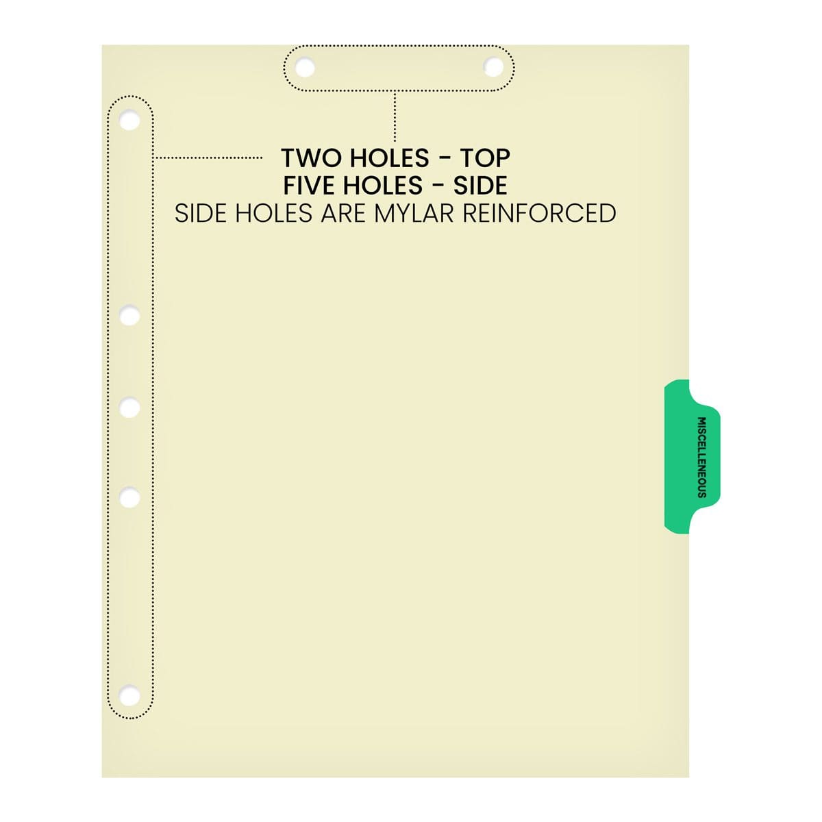 Ivory letter size side tab index divider with position 4 tab printed MISCELLANEOUS and mylared in light green. 125# manila stock. Packaged 100.