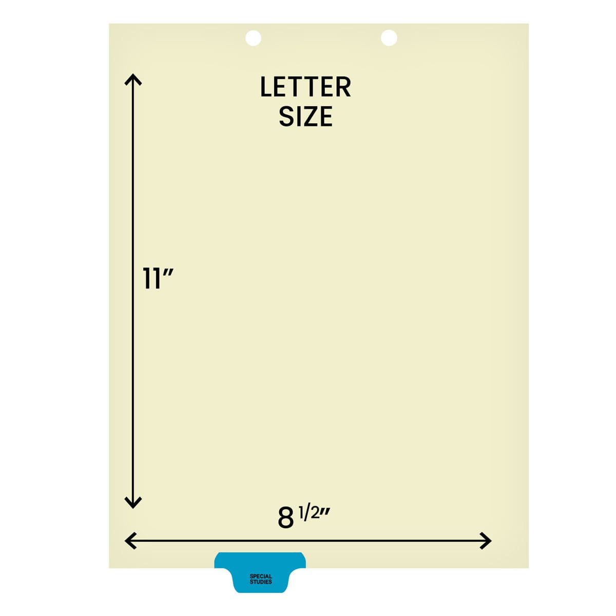 Ivory letter size end tab index divider with position 3 tab printed SPECIAL STUDIES and mylared in medium blue. 125# manila stock. Packaged 100.