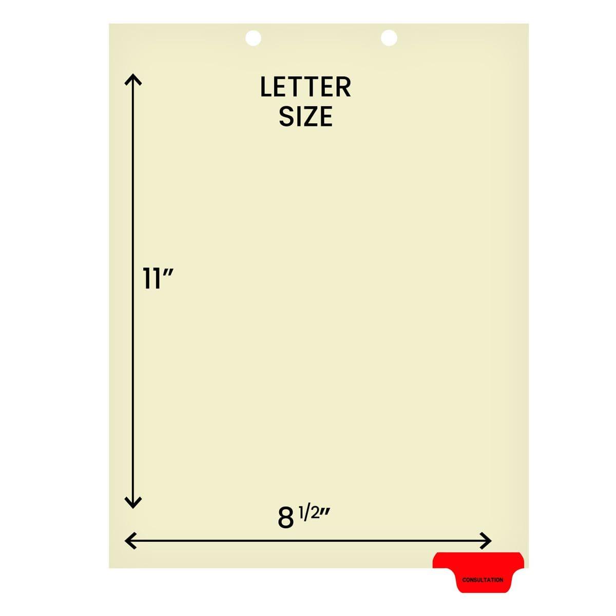 Ivory letter size end tab index divider with position 6 tab printed CONSULTATION and mylared in red. 125# manila stock. Packaged 100.