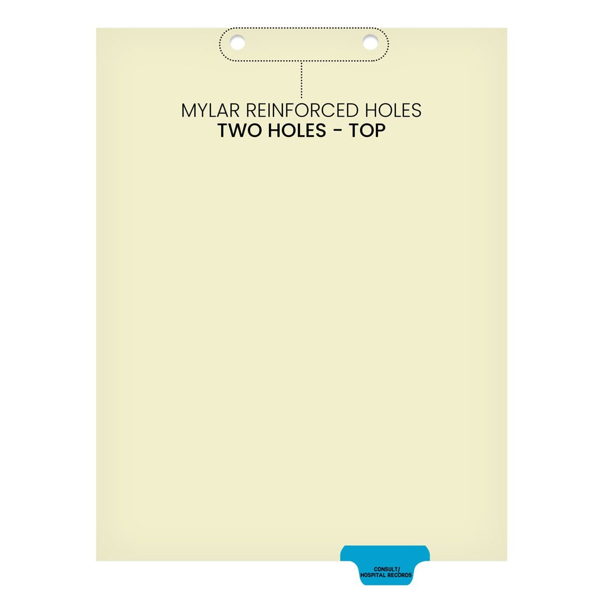 Ivory letter size end tab index divider with position 6 tab printed CONSULT/HOSPITAL REPORTS and mylared in medium blue. 125# manila stock. Packaged 100.