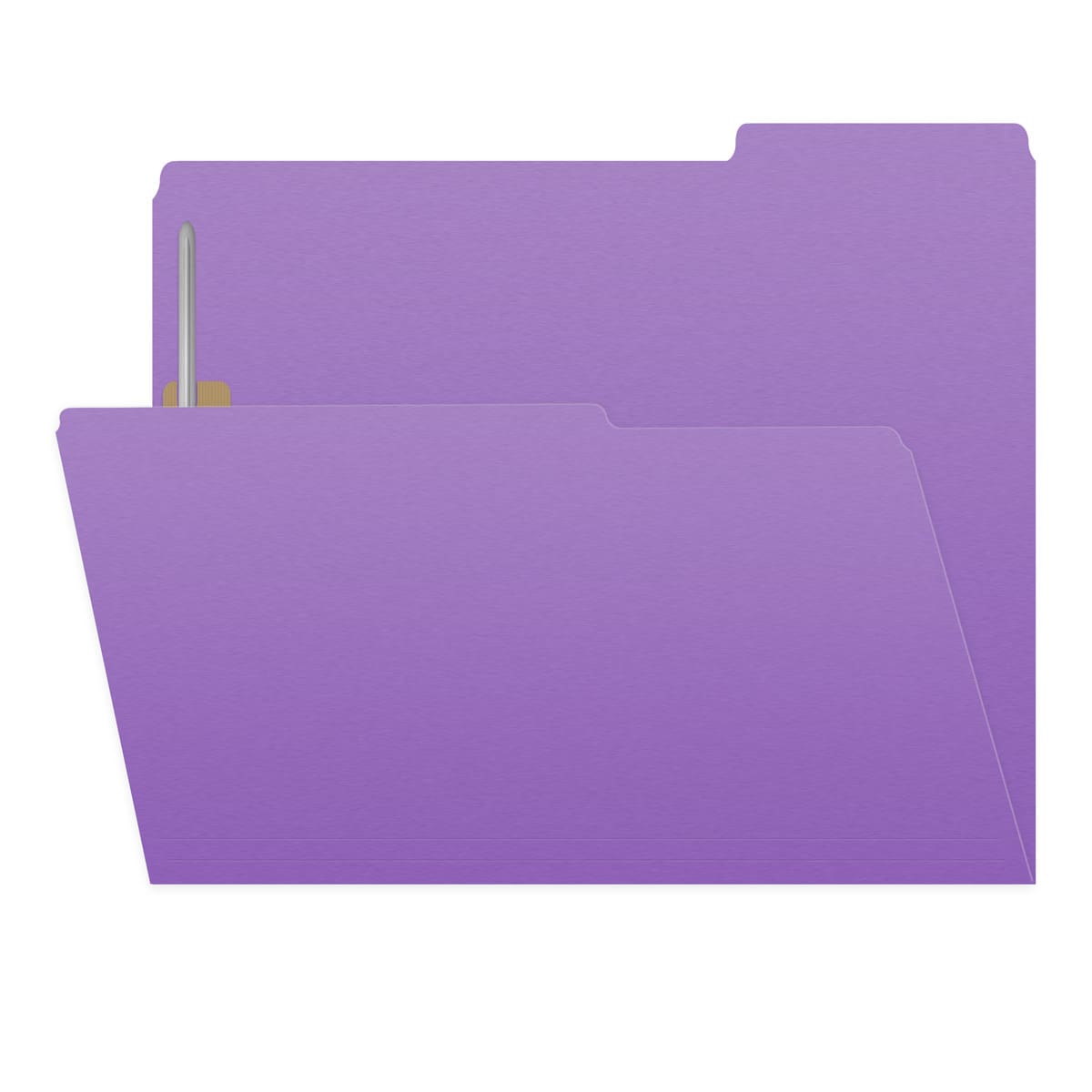 Lavender letter size top tab single ply folders with 1/3 cut assorted tabs and 2" bonded fastener on inside front and inside back. 11 pt lavender stock. Packaged 50/250