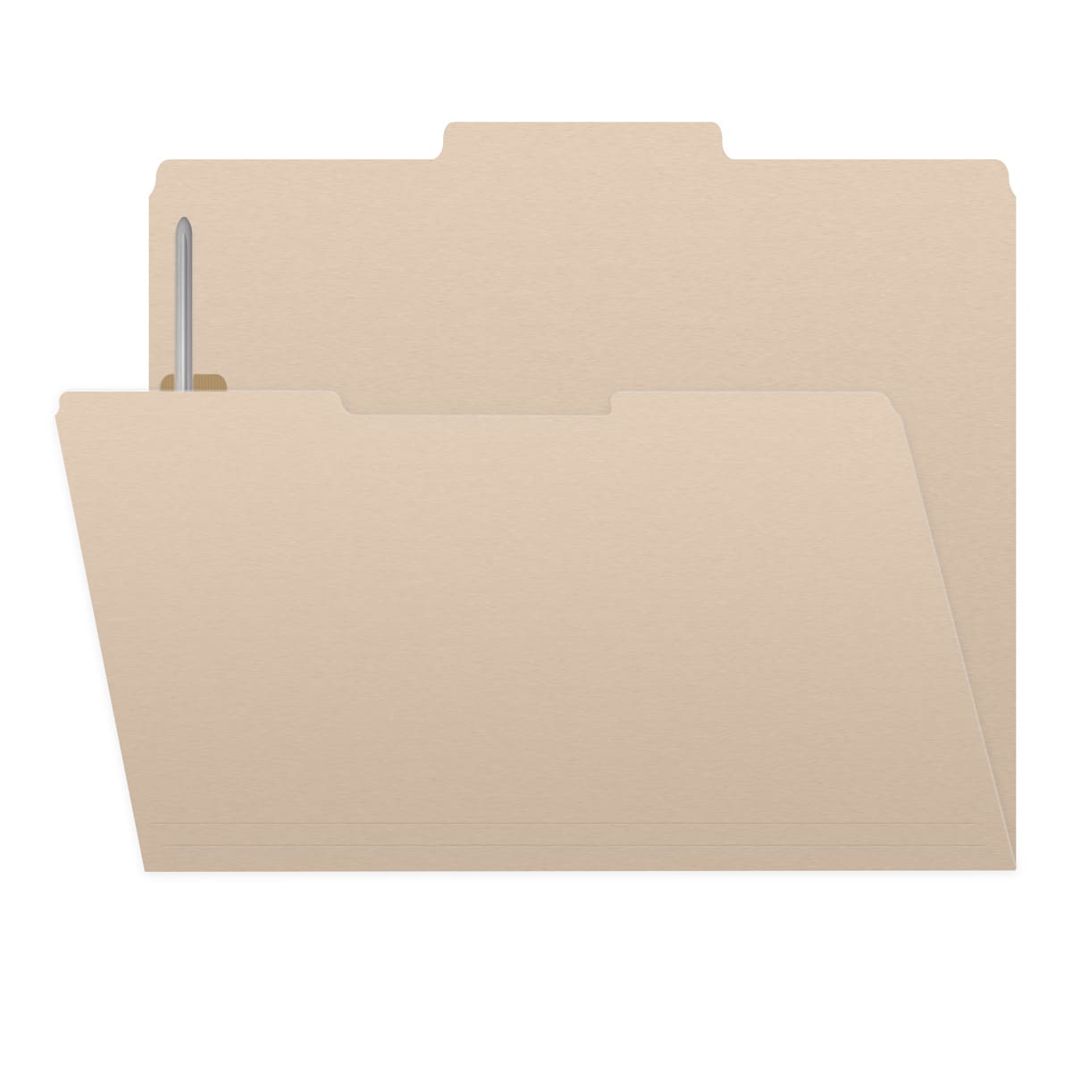 Manila letter size top tab single ply folders with 1/3 cut assorted tabs and 2" bonded fastener on inside front and inside back. 11 pt manila stock. Packaged 50/250