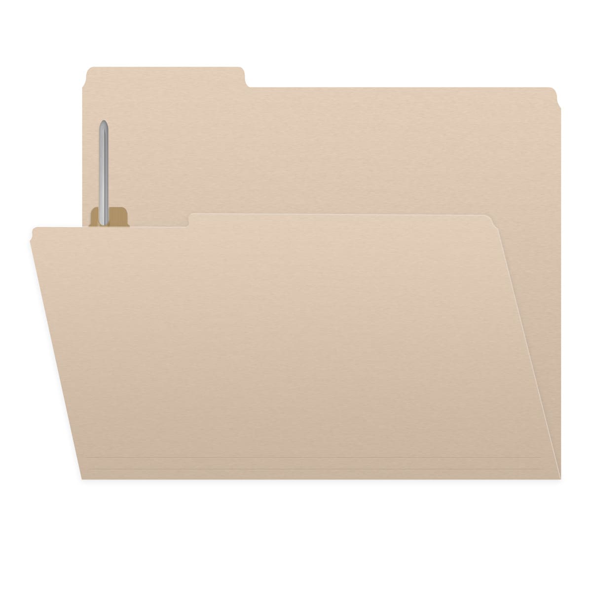 Manila letter size top tab single ply folders with 1/3 cut assorted tabs and 2" bonded fastener on inside front and inside back. 11 pt manila stock. Packaged 50/250