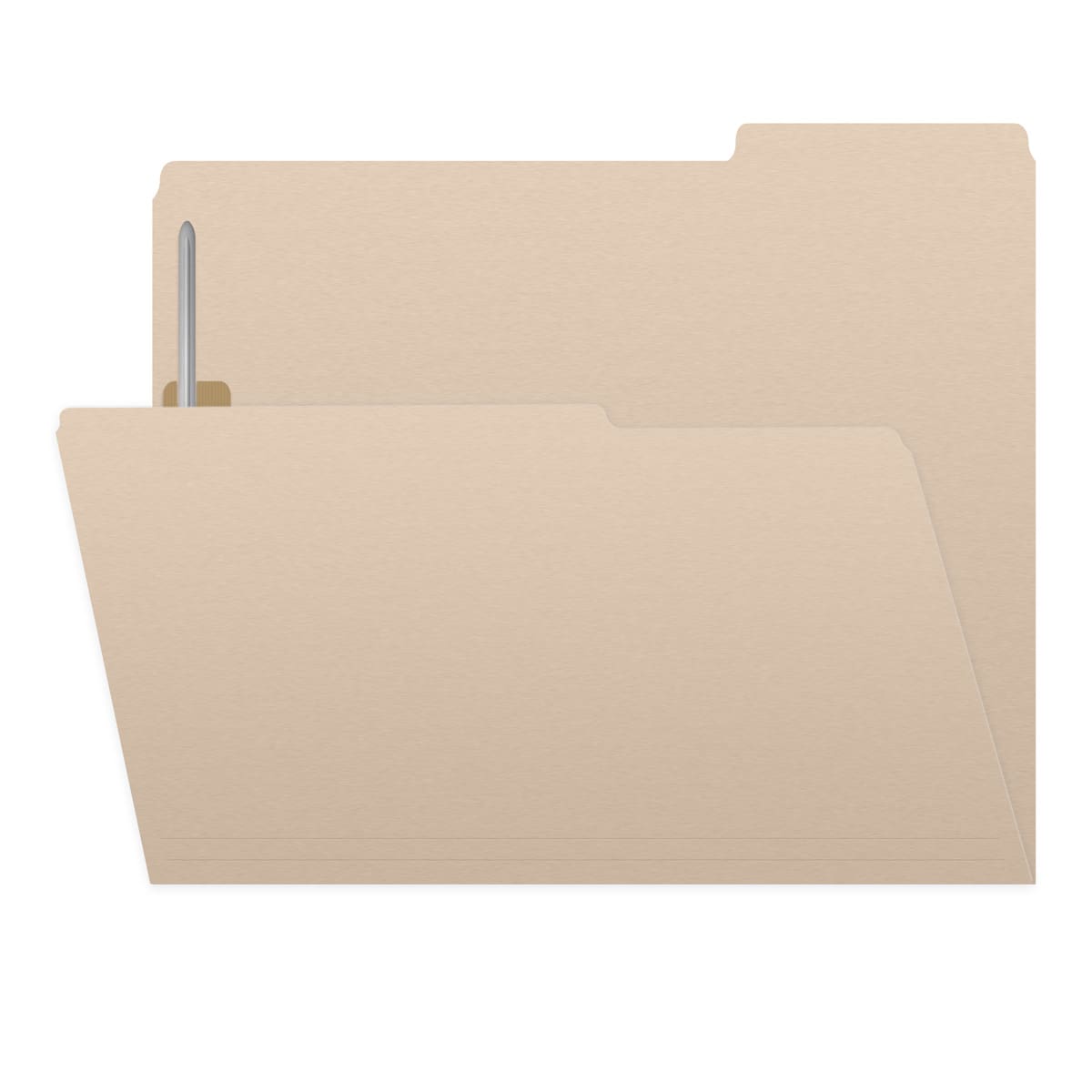 Manila letter size top tab single ply folders with 1/3 cut assorted tabs and 2" bonded fastener on inside front and inside back. 11 pt manila stock. Packaged 50/250