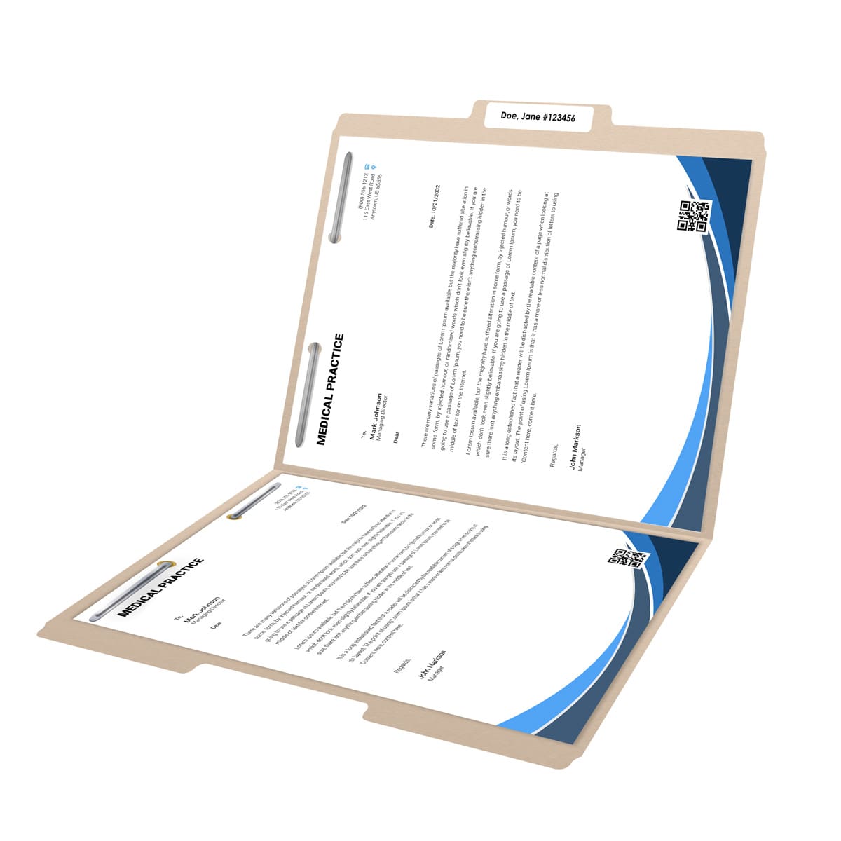 Manila letter size top tab single ply folders with 1/3 cut assorted tabs and 2" bonded fastener on inside front and inside back. 11 pt manila stock. Packaged 50/250