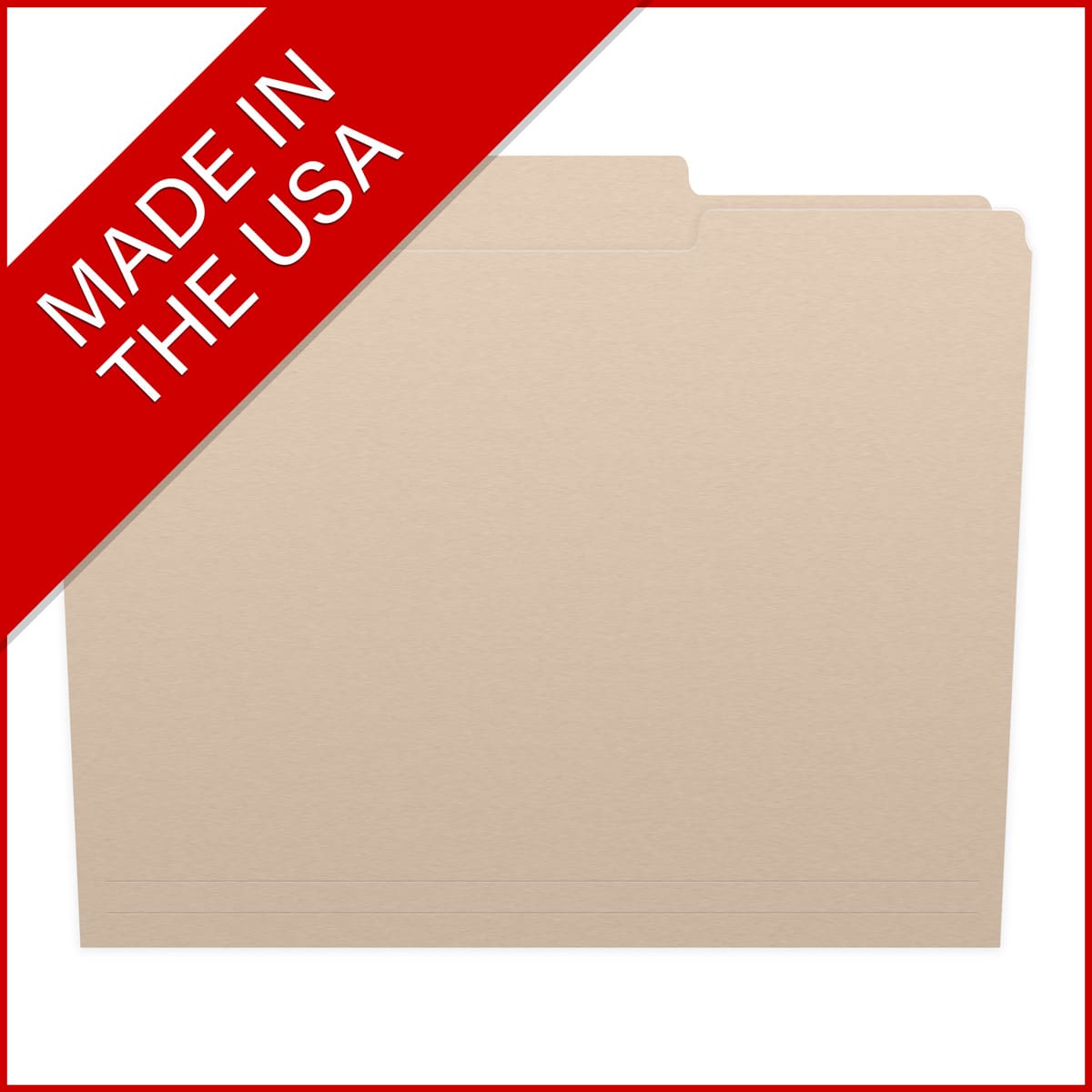Manila letter size top tab single ply folders with 1/3 cut assorted tabs and 2" bonded fastener on inside front and inside back. 11 pt manila stock. Packaged 50/250