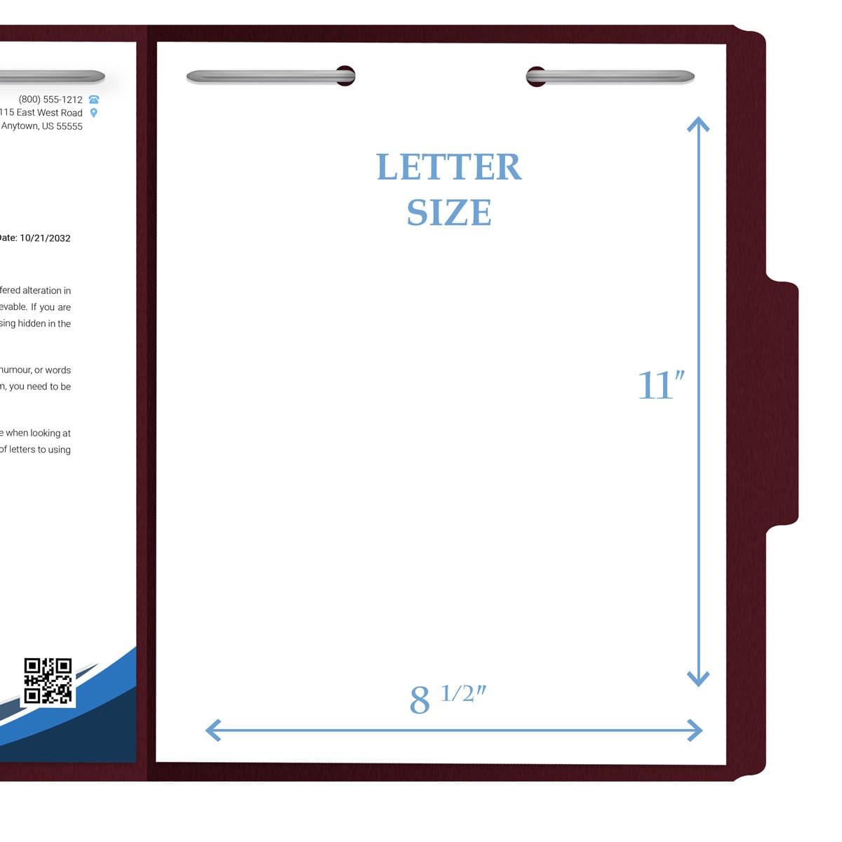 Maroon letter size top tab single ply folders with 1/3 cut assorted tabs and 2" bonded fastener on inside front and inside back. 11 pt maroon stock, 50/Box