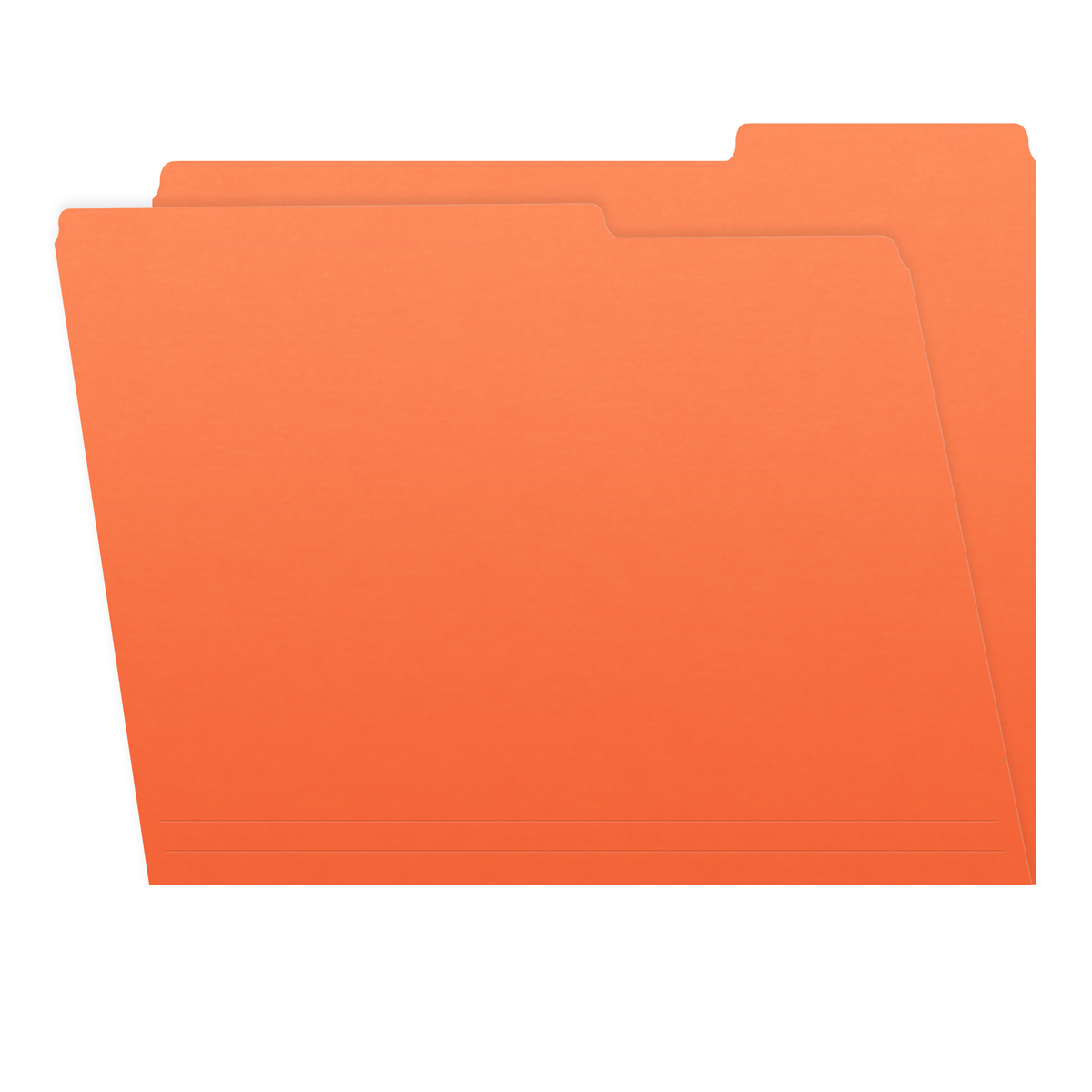 Orange letter size top tab single ply folders with 1/3 cut assorted tabs. 11 pt orange stock. Packaged 100/500.
