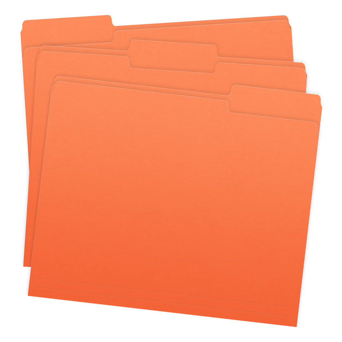 Orange letter size top tab single ply folders with 1/3 cut assorted tabs. 11 pt orange stock. Packaged 100/500.
