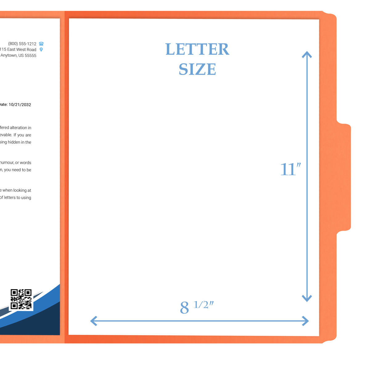 Orange letter size top tab single ply folders with 1/3 cut assorted tabs. 11 pt orange stock. Packaged 100/500.