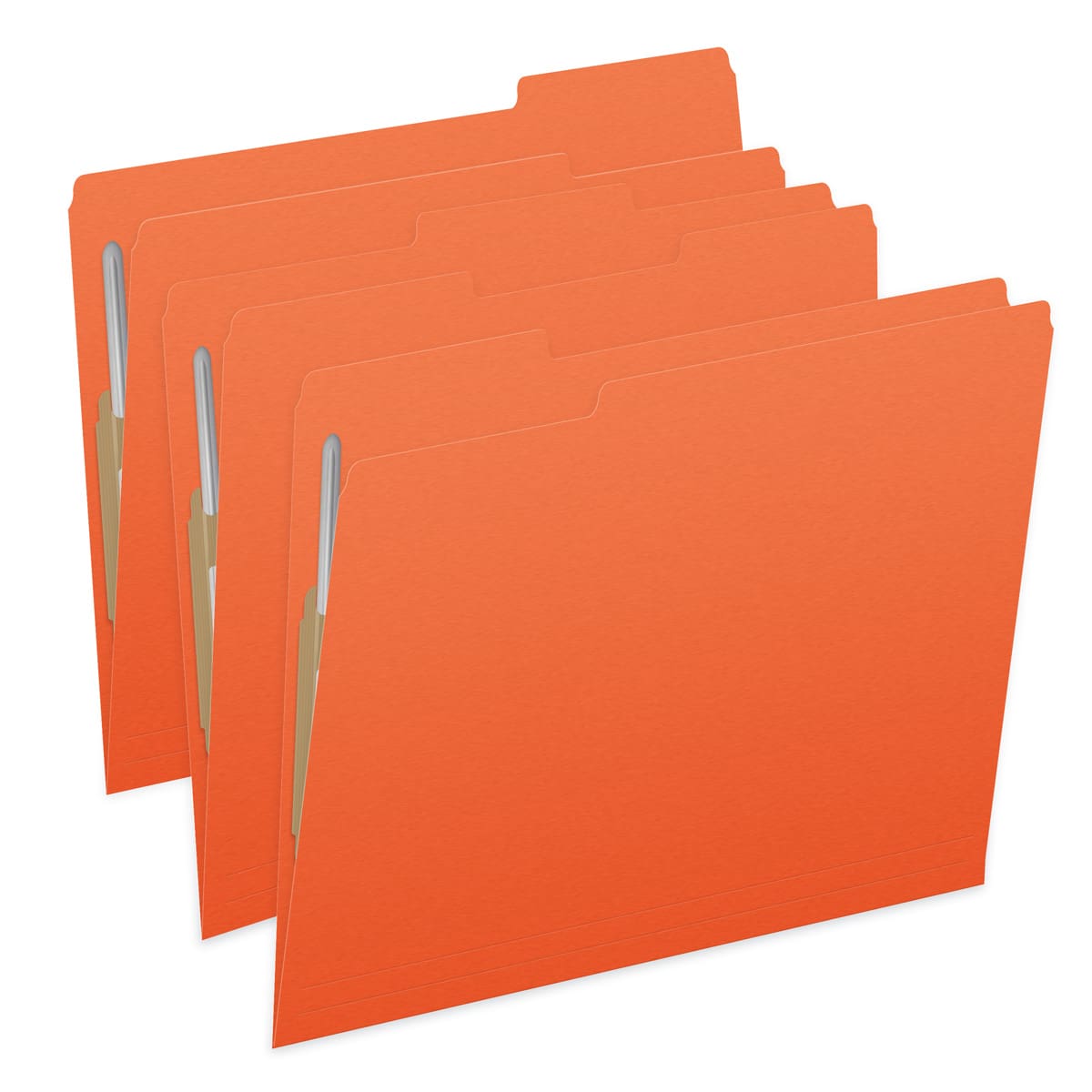 Orange letter size top tab single ply folders with 1/3 cut assorted tabs and 2" bonded fastener on inside front and inside back. 11 pt orange stock, 50/Box