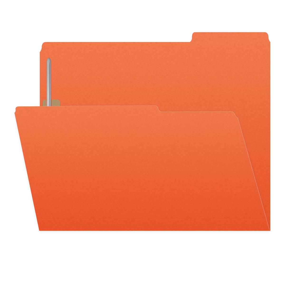 Orange letter size top tab single ply folders with 1/3 cut assorted tabs and 2" bonded fastener on inside front and inside back. 11 pt orange stock. Packaged 50/250